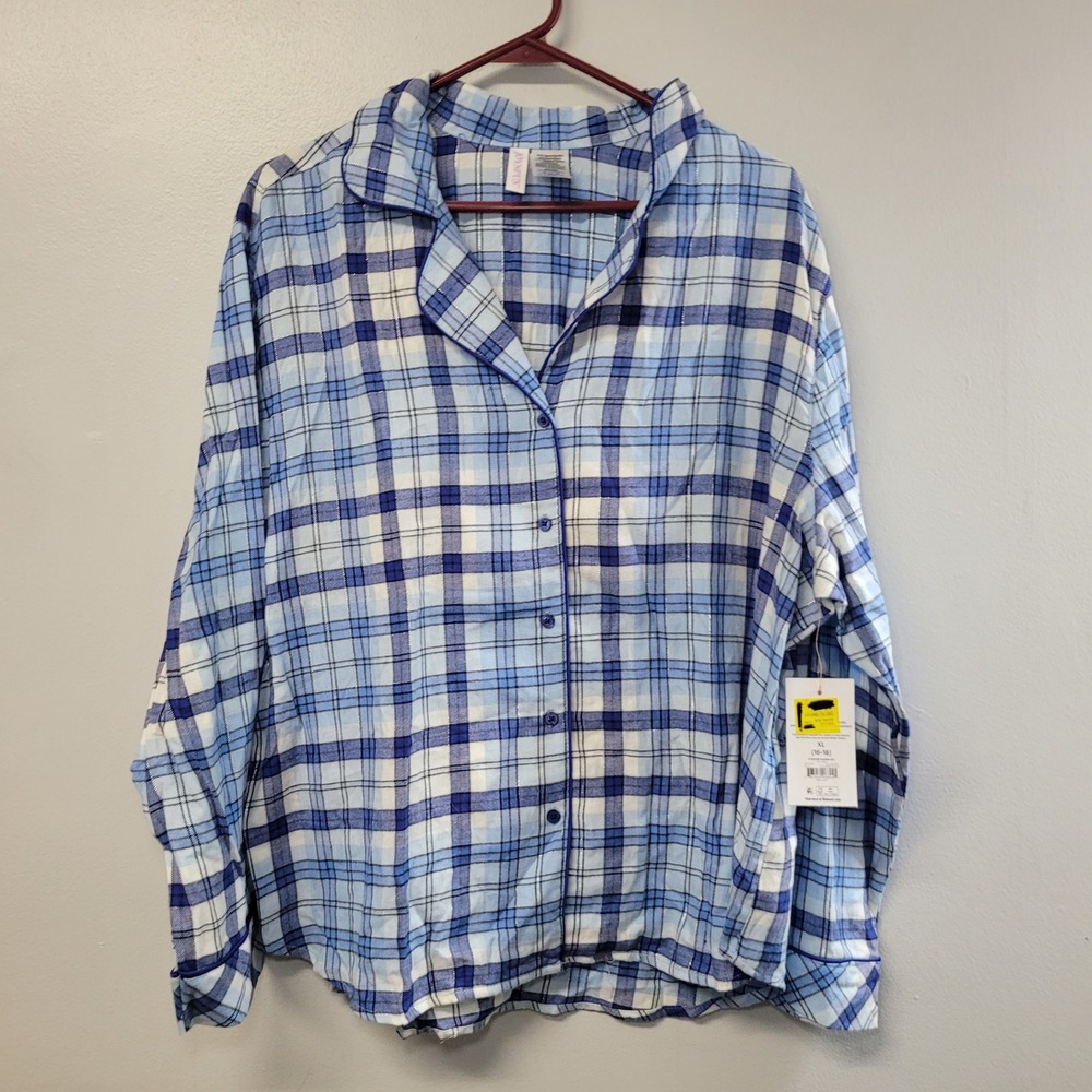 Joyspun Womens XL Blue Plaid Flannel Pajama Top Lurex Sparkle‎ Long Sleeve NWT